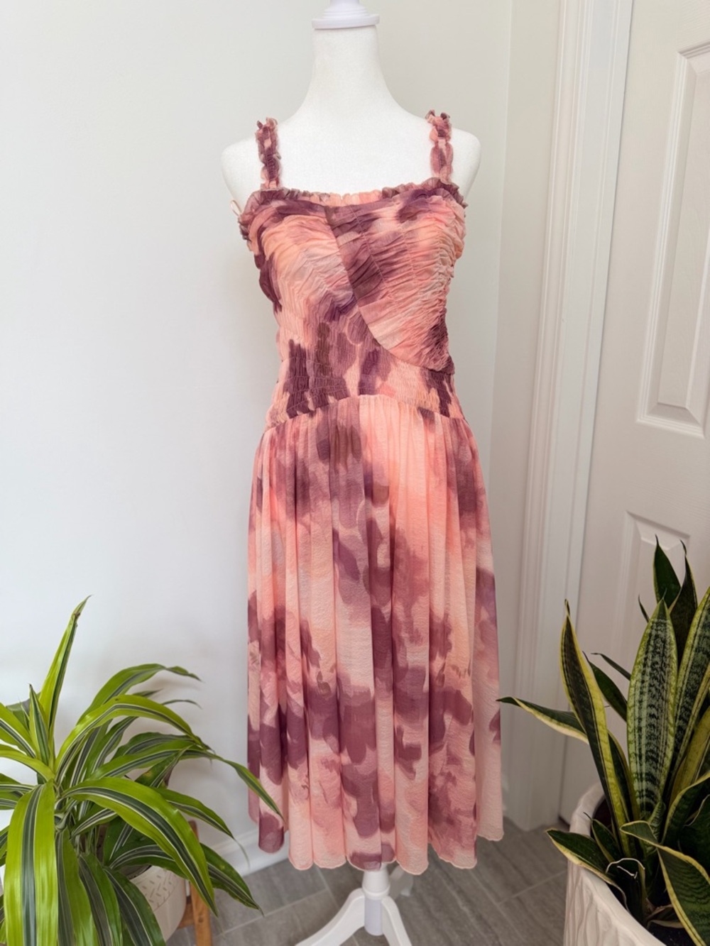 Free People Tessa Smocked Midi Dress Pink Floral Ruffle Strap Boho Small